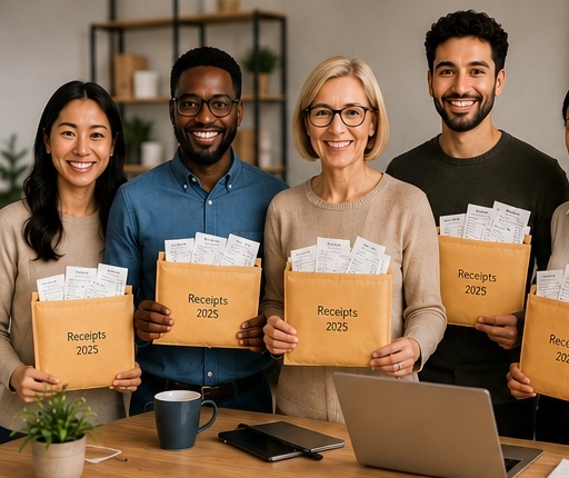 Diverse customers holding receipt envelopes