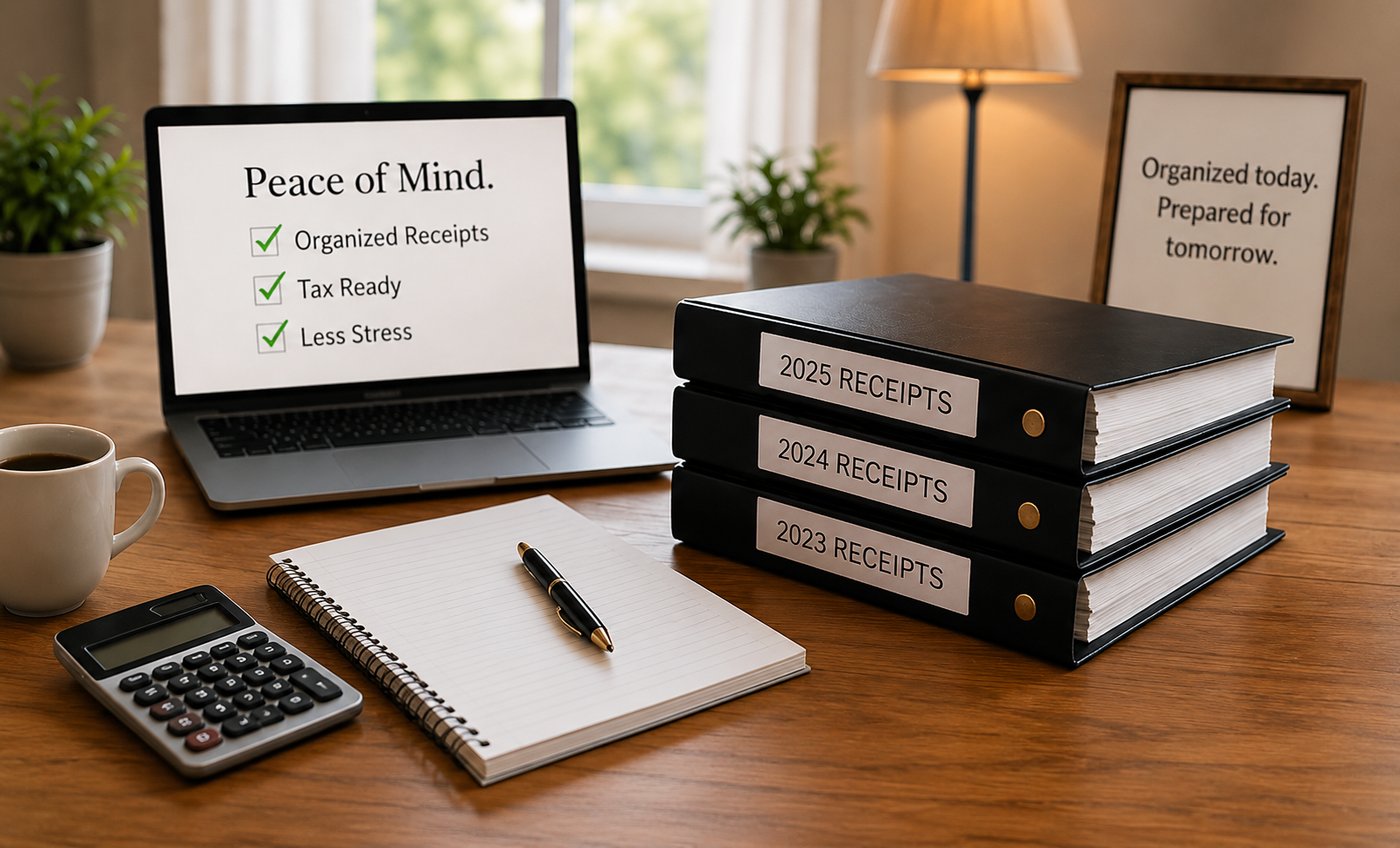 Organized workspace with binders and receipts